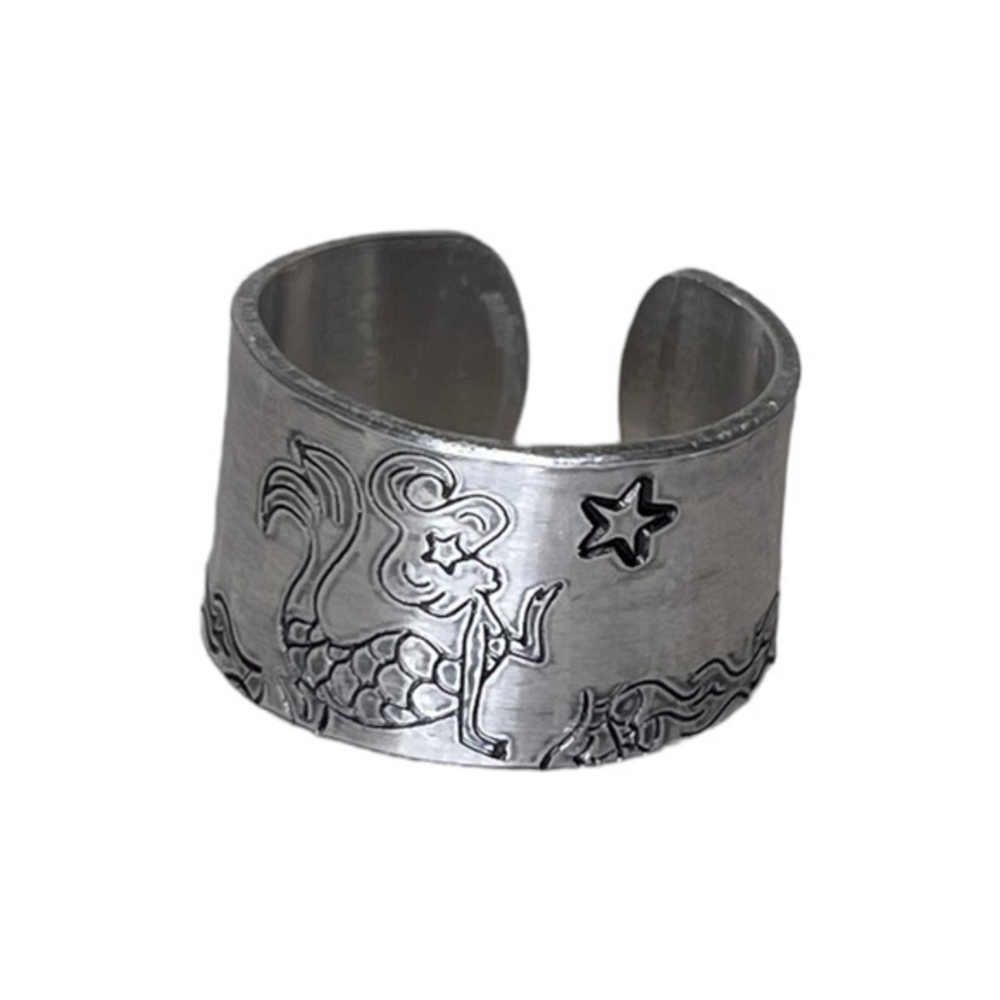 Handmade 7 stamped mermaid‎ silver hypoallergenic adjustable wide cuff ring